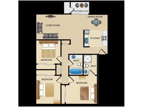 Floor plan for 3 beds, 2 baths, 1153 sqft