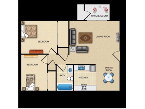 Floor plan for 2 beds, 1 bath, 816 sqft
