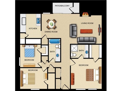 Floor plan for 3 beds, 2 baths, 1153 sqft
