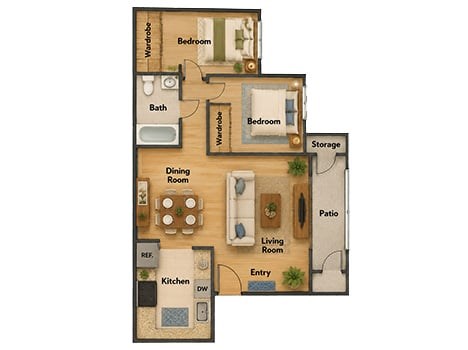 Floor plan for 1 bed, 1 bath, 560 sqft