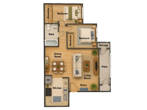 Floor plan for 1 bed, 1 bath, 715 sqft