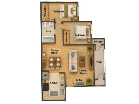 Floor plan for 2 beds, 1 bath, 877 sqft