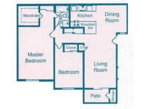Floor plan for 2 beds, 1 bath, 923 sqft