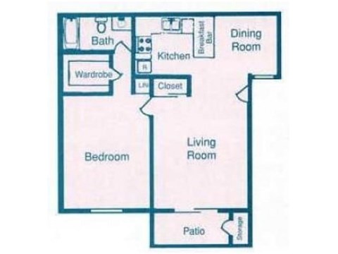 Floor plan for 1 bed, 1 bath, 658 sqft