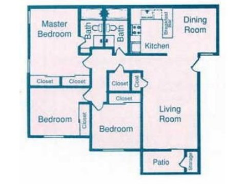 Floor plan for 3 beds, 2 baths, 1129 sqft