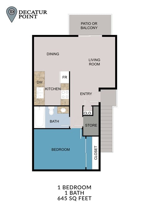 Floor plan for 1 bed, 1 bath, 645 sqft