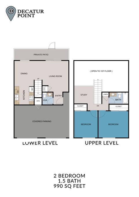 Floor plan for 2 beds, 1.5 baths, 990 sqft