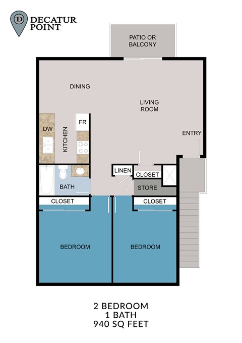 Floor plan for 2 beds, 1 bath, 940 sqft