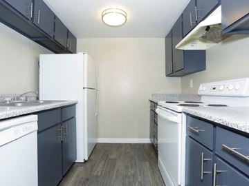 Las Vegas apartment for rent - a kitchen with white appliances and blue cabinets