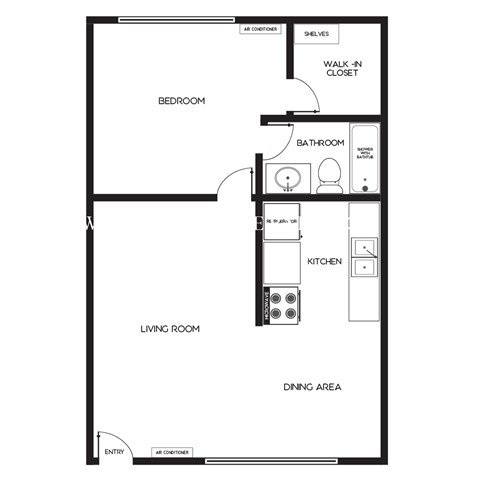 Floor plan for 1 bed, 1 bath, 700 sqft