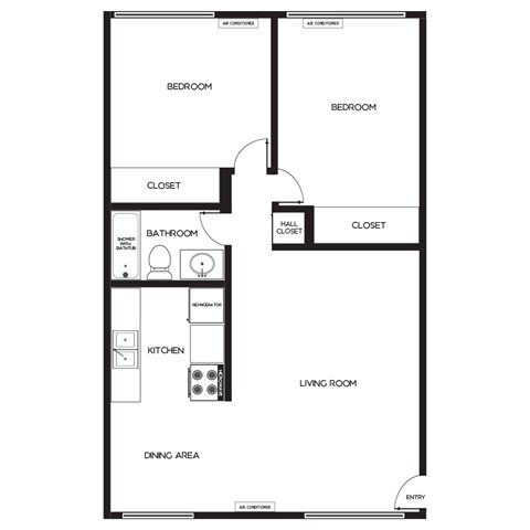 Floor plan for 2 beds, 1 bath, 859 sqft