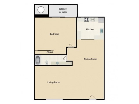 Floor plan for 1 bed, 1 bath, 630 sqft