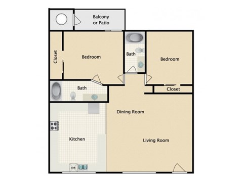 Floor plan for 2 beds, 2 baths, 930 sqft