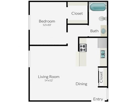 Floor plan for 1 bed, 1 bath, 600 sqft