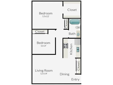 Floor plan for 2 beds, 1 bath, 800 sqft