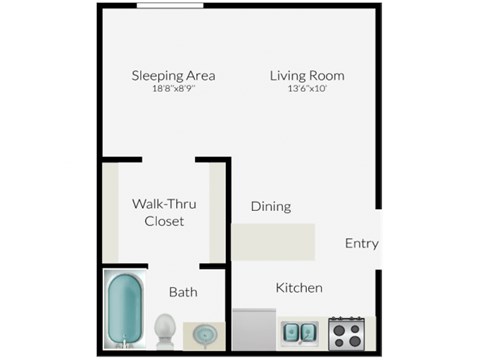 Floor plan for studio, 1 bath, 410 sqft