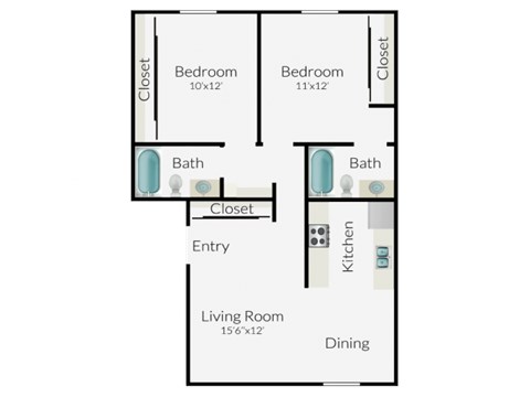 Floor plan for 2 beds, 2 baths, 850 sqft