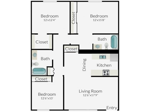 Floor plan for 3 beds, 2 baths, 1100 sqft