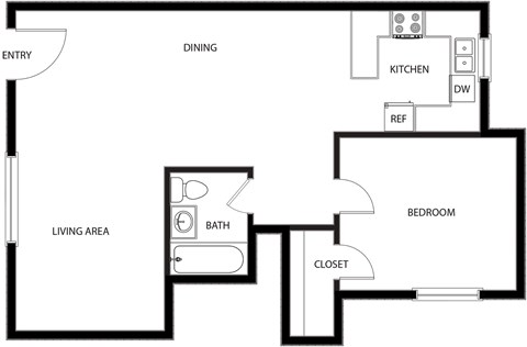 Floor plan for 1 bed, 1 bath, 610 sqft