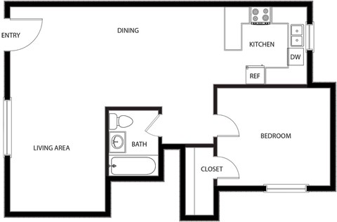 Floor plan for 1 bed, 1 bath, 610 sqft