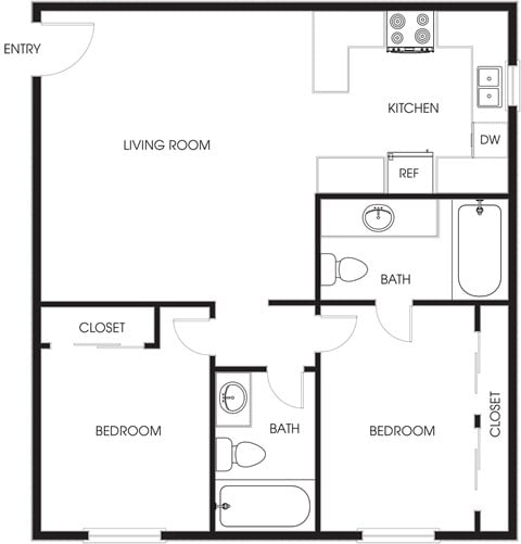 Floor plan for 2 beds, 2 baths, 915 sqft