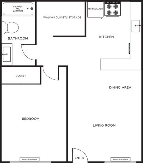 Floor plan for 1 bed, 1 bath, 550 sqft