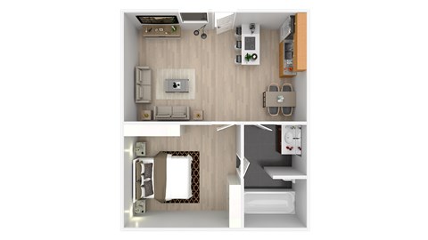 Floor plan for 1 bed, 1 bath, 600 sqft
