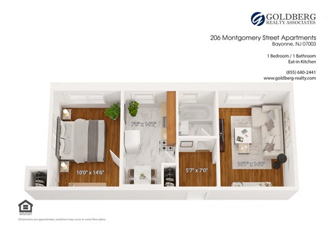 Floor plan for 1 bed, 1 bath, 580 sqft