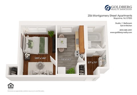Floor plan for studio, 1 bath, 400 sqft