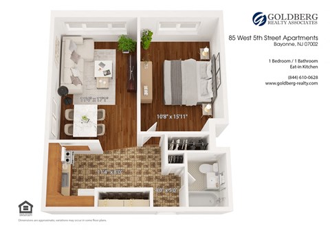 Floor plan for 1 bed, 1 bath, 605 sqft
