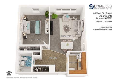 Floor plan for 1 bed, 1 bath, 670 sqft