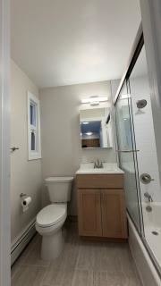 Bayonne apartment for rent - A white toilet sits in a small bathroom next to a sink.