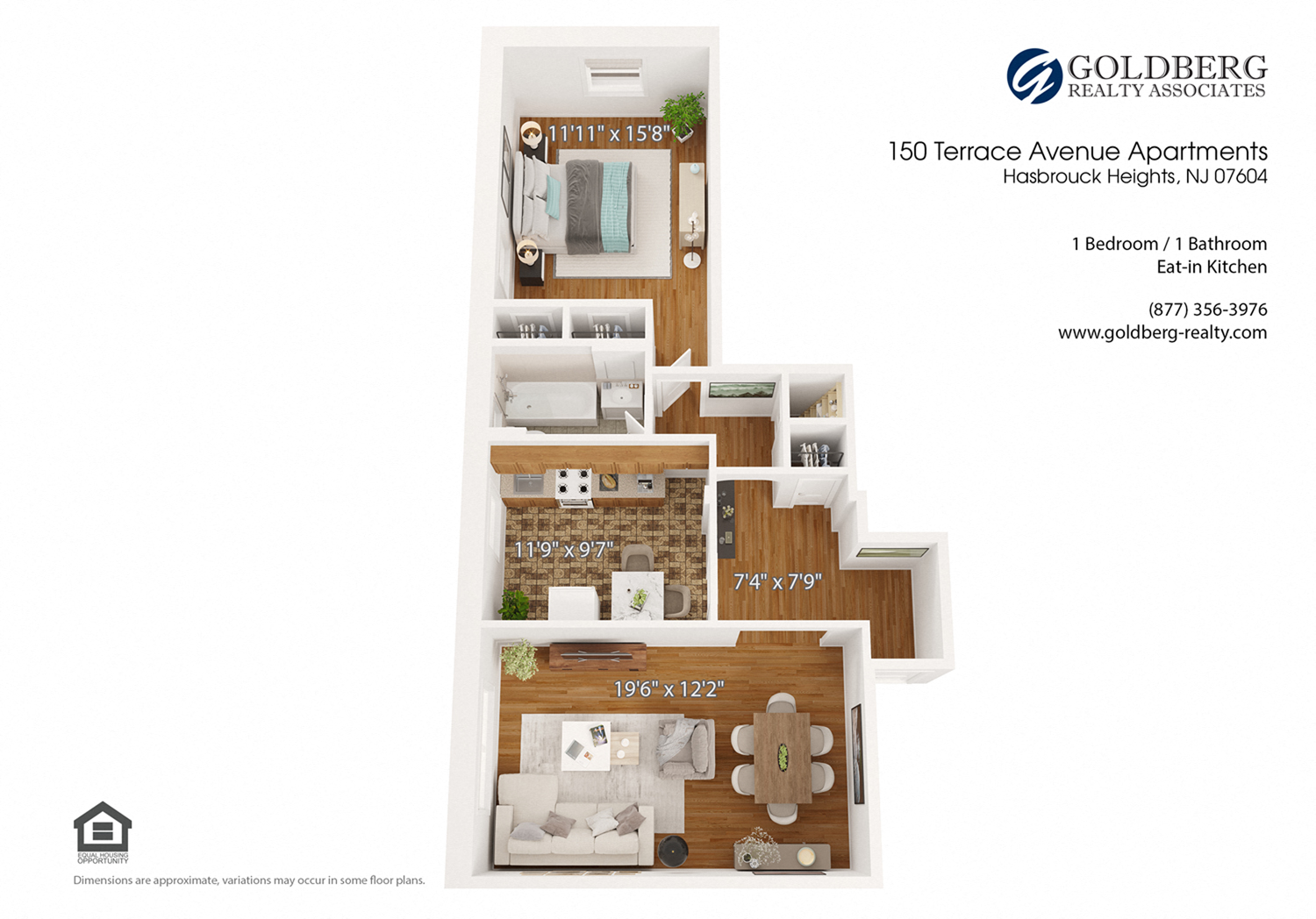 Floor plan for 1 bed, 1 bath, 855 sqft