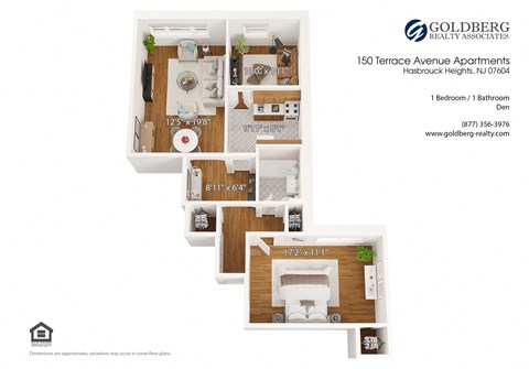 Floor plan for 1 bed, 1 bath, 935 sqft