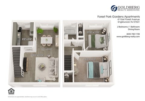 Floor plan for 2 beds, 1 bath