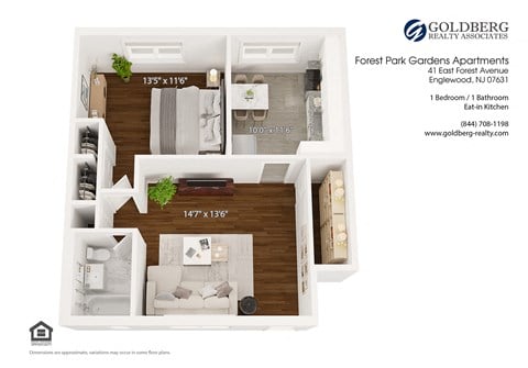 Floor plan for 1 bed, 1 bath, 640 sqft