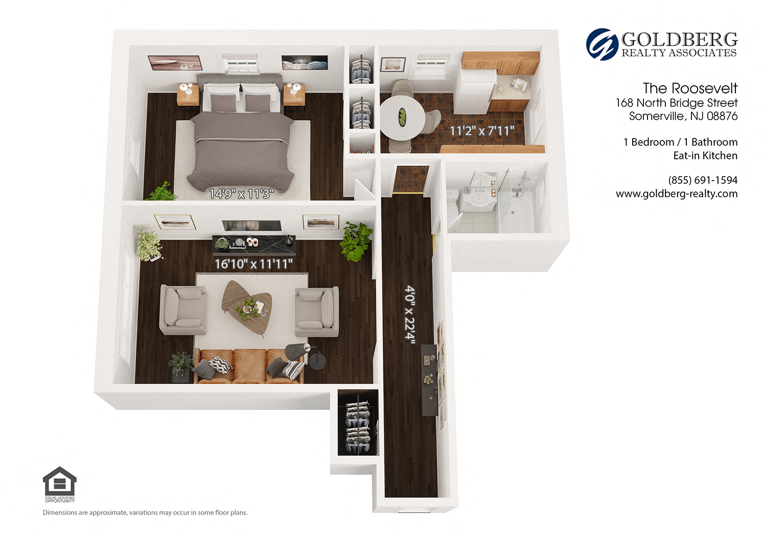 Floor plan for 1 bed, 1 bath, 740 sqft