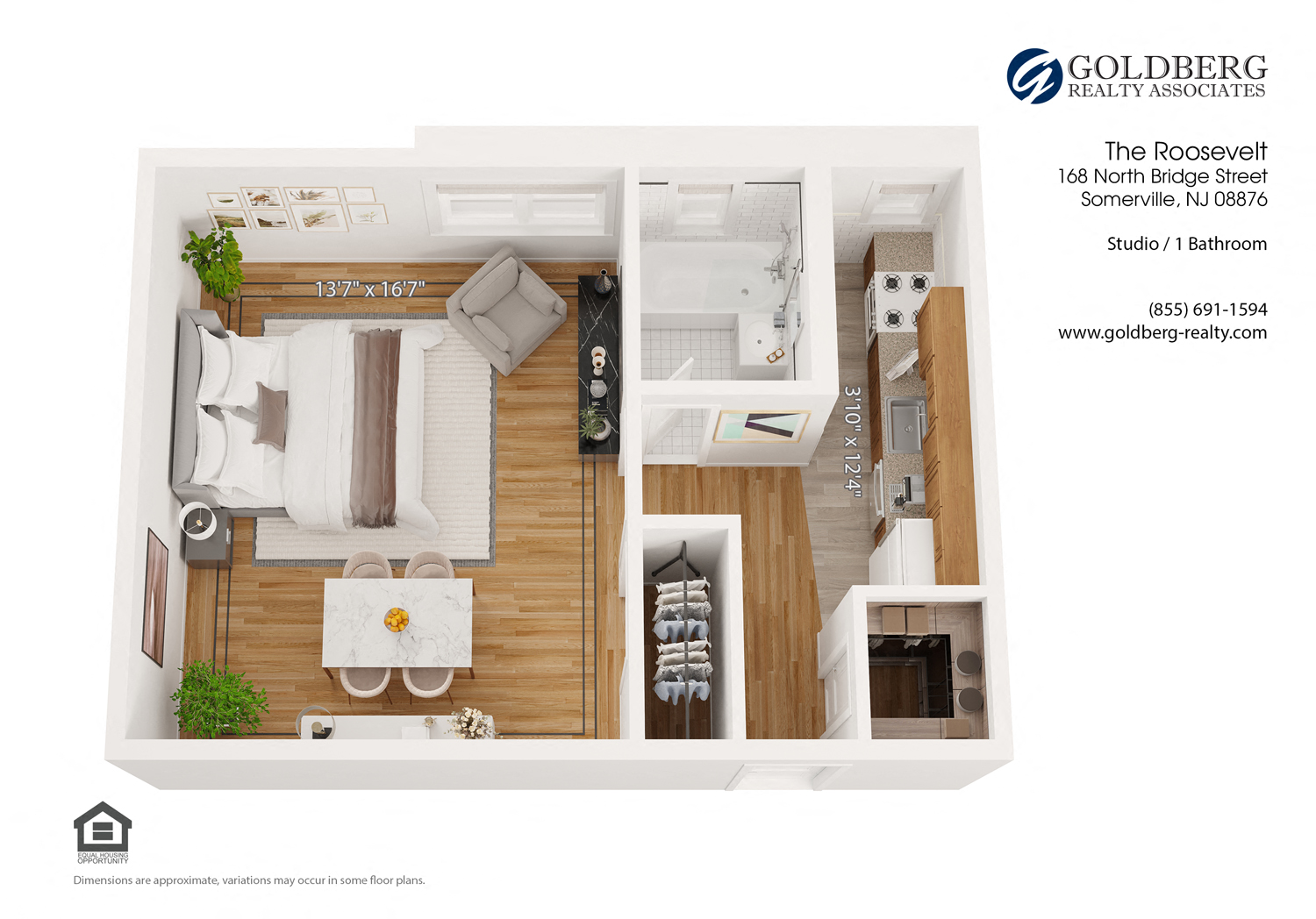 Floor plan for studio, 1 bath, 430 sqft