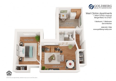 Floor plan for 1 bed, 1 bath, 630 sqft