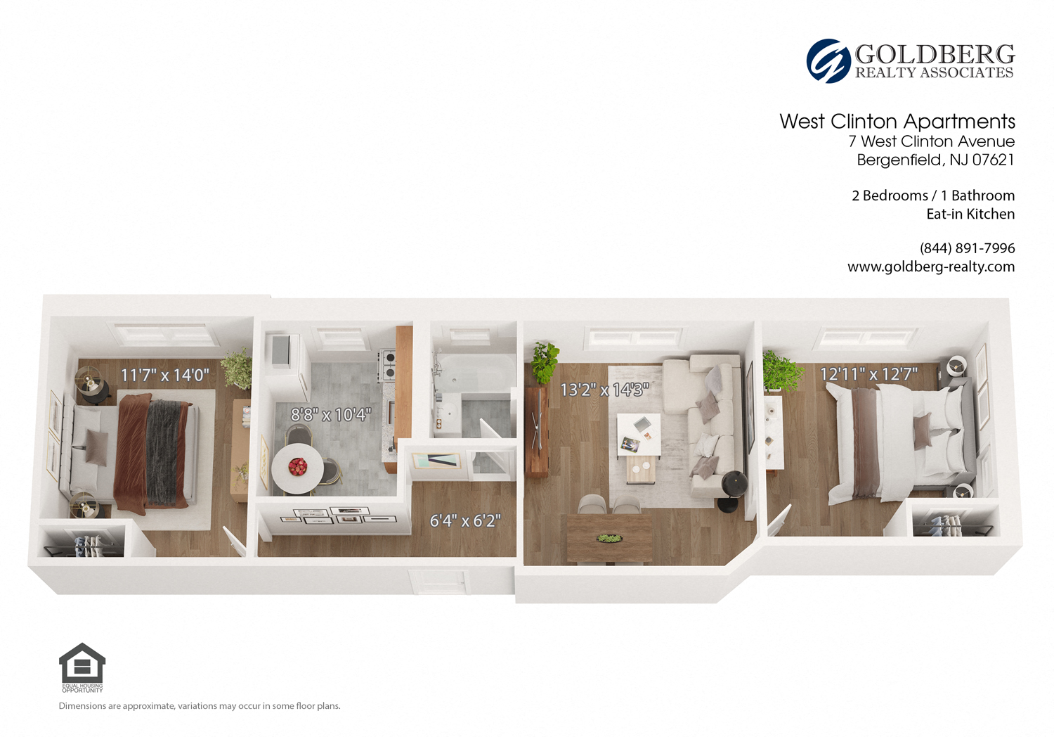Floor plan for 2 beds, 1 bath, 825 sqft