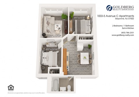 Floor plan for 2 beds, 1 bath, 670 sqft