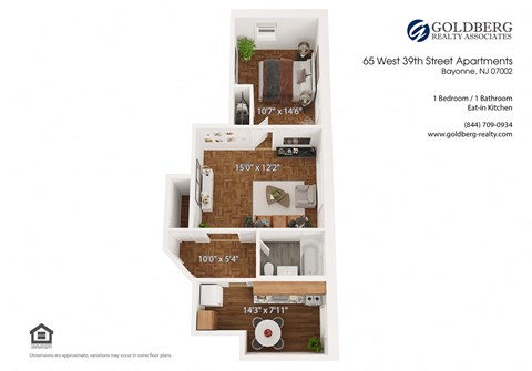 Floor plan for 1 bed, 1 bath, 630 sqft