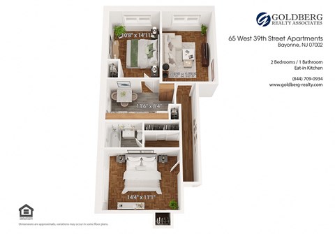 Floor plan for 2 beds, 1 bath