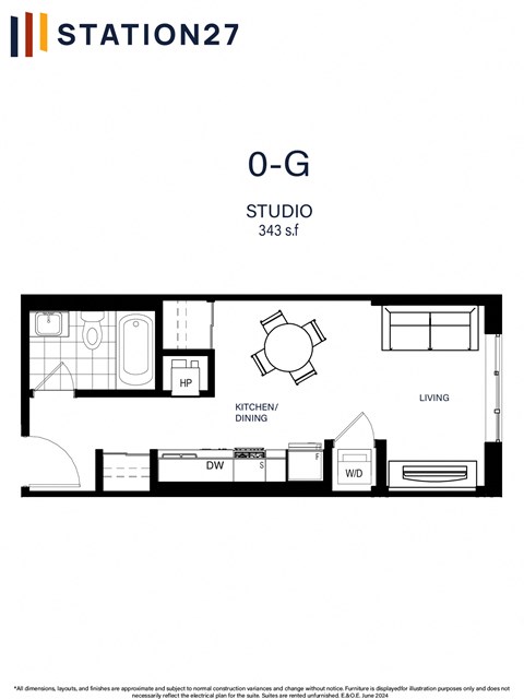 Floor plan for studio, 1 bath, 343 sqft