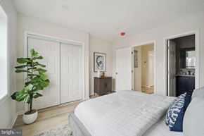 Washington apartment for rent - a white bedroom with a bed and a potted plant