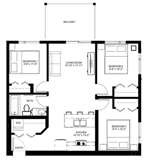 Floor plan for 3 beds, 1 bath, 750 sqft