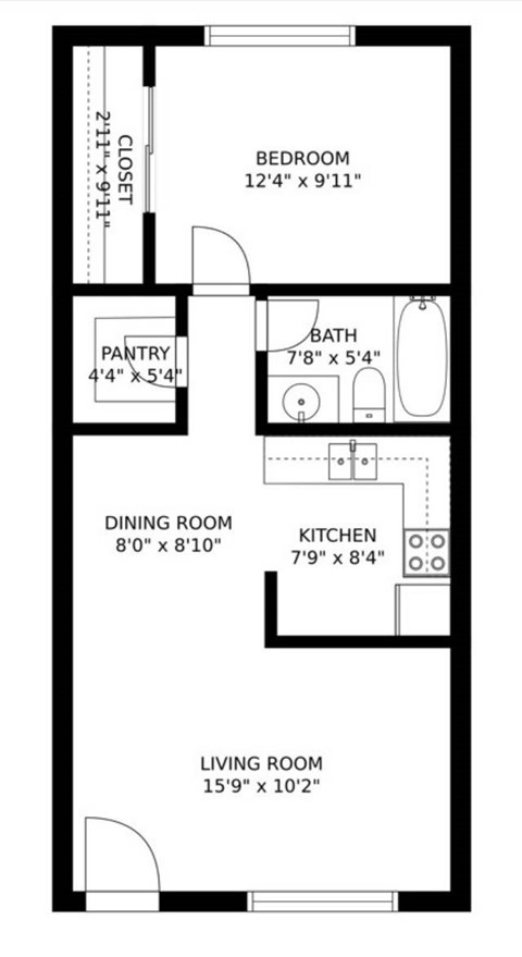 Floor plan for 1 bed, 1 bath, 675 sqft