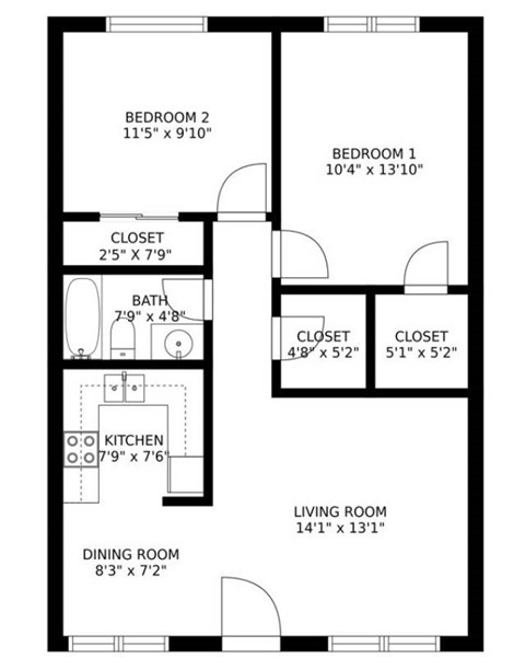 Floor plan for 2 beds, 1 bath, 850 sqft