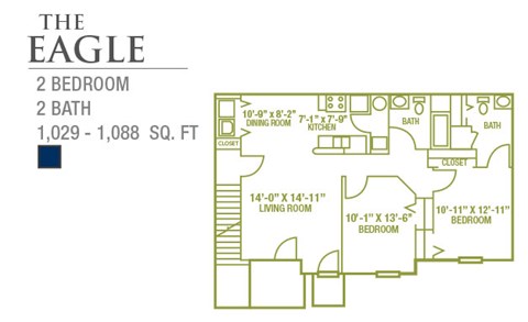 Floor plan for 2 beds, 2 baths, 1149 sqft
