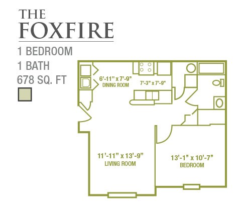 Floor plan for 1 bed, 1 bath, 685 sqft